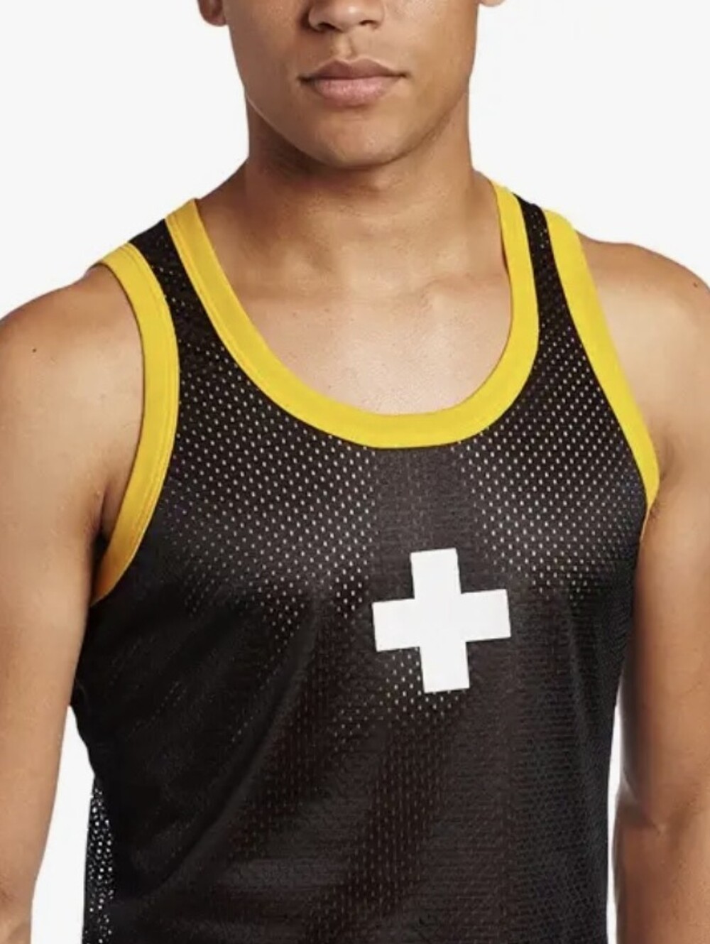 AC Black+Gold Mesh Cross Tank Mens Small Logo Patch Summer Workout Top S